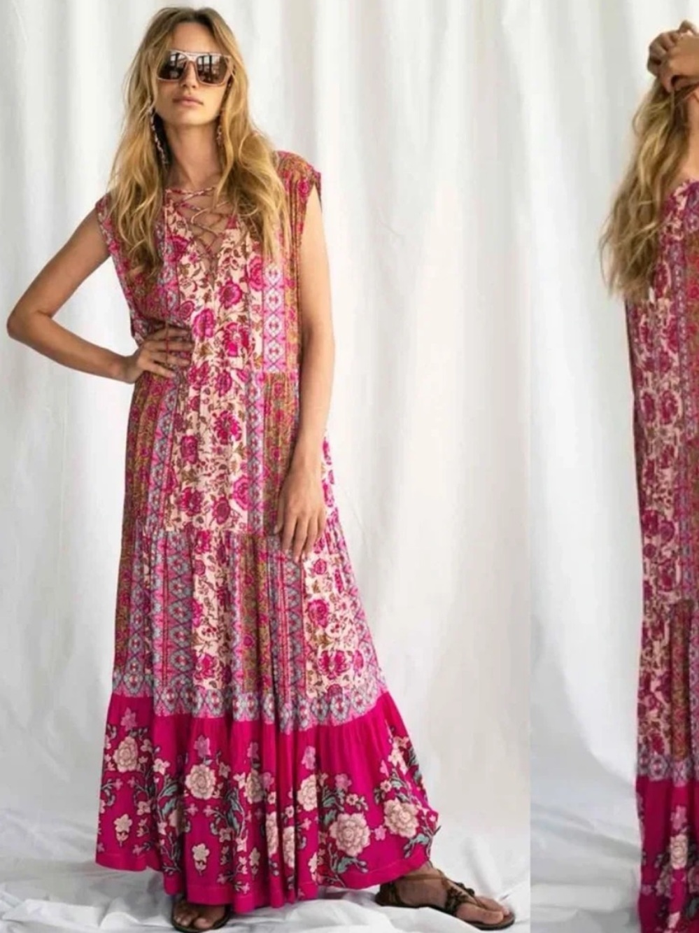 Free People Hanalei Bay Maxi Dress Patchwork Boho Floral Tiered Maxi Dress - Picture 4 of 13